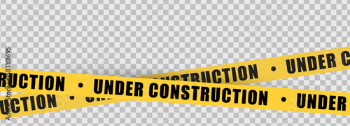 Under construction yellow warning tape safety stripe. Caution barrier stripe for safety zone, blocked area, website page, road work, site maintenance, redesign progress. Vector illustration.