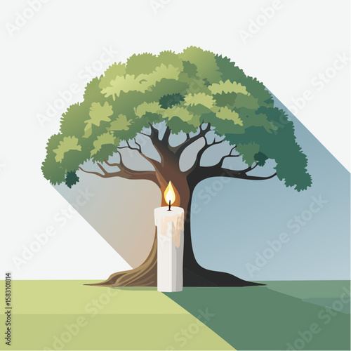 Lit Candle projects a large Tree Shadow on the Ground during daytime