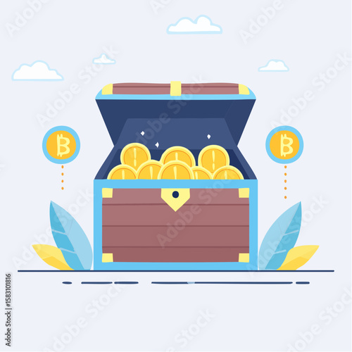 Glowing crypto coins spilling from a wooden treasure chest in a digital landscape