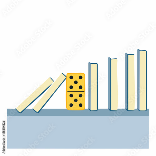 Single domino stands tall after other dominoes have tumbled over