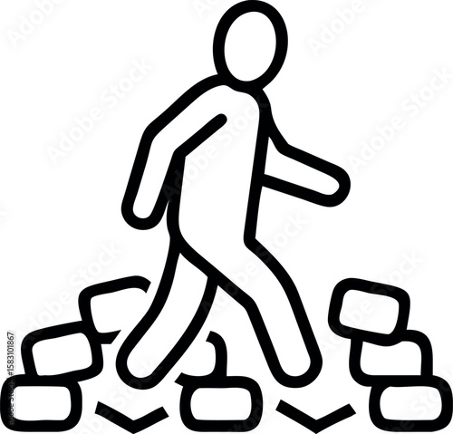 Simple line art icon of a person walking on cobblestones