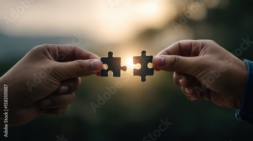 Two hands hold matching puzzle pieces against a soft sunset background, symbolizing unity, collaboration, and the beauty of coming together to create a complete picture.