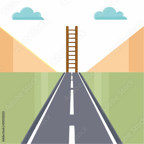 Road ends at a wall with ladder suggesting a way to overcome obstacles