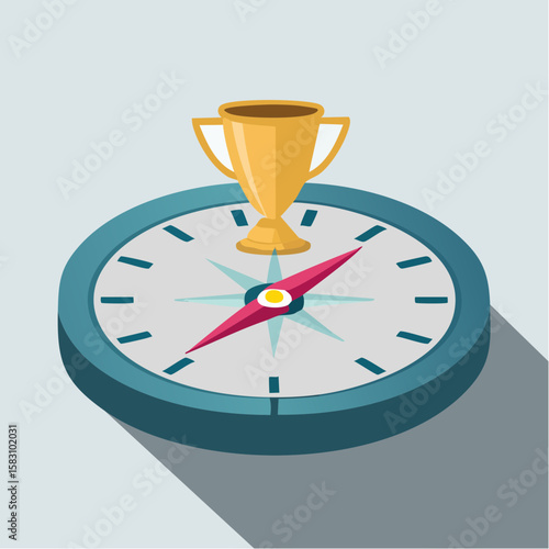 Compass points towards gold trophy, indicating goal and success on grey