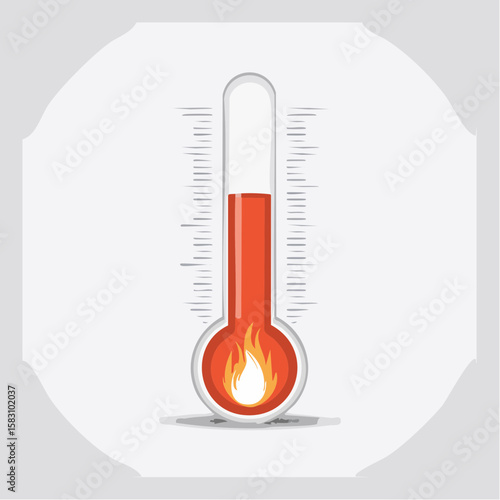 Thermometer shows hot temperature with rising fiery orange flame mercury