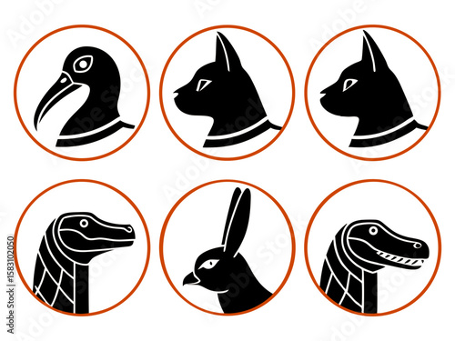 Ancient egyptian animal hieroglyphs in circular frames on orange background