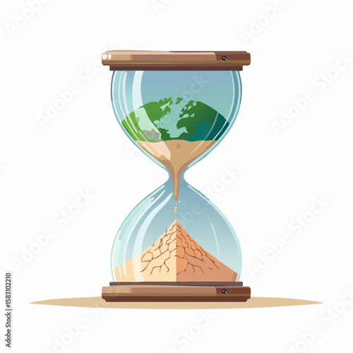 Hourglass shows healthy earth draining into barren desert landscape