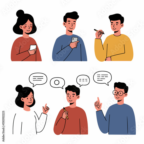 Vector illustration of people communicating, thinking, and using technology, featuring social interaction and online discussion