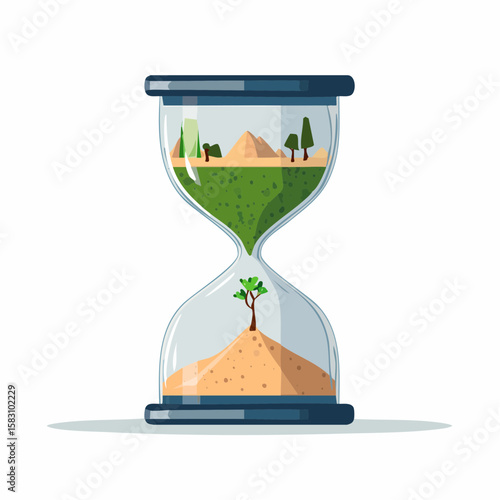 Hourglass showing change with healthy earth above and desert below