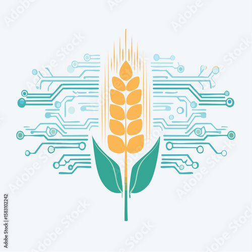 Golden wheat grain and circuit board showing agriculture technology