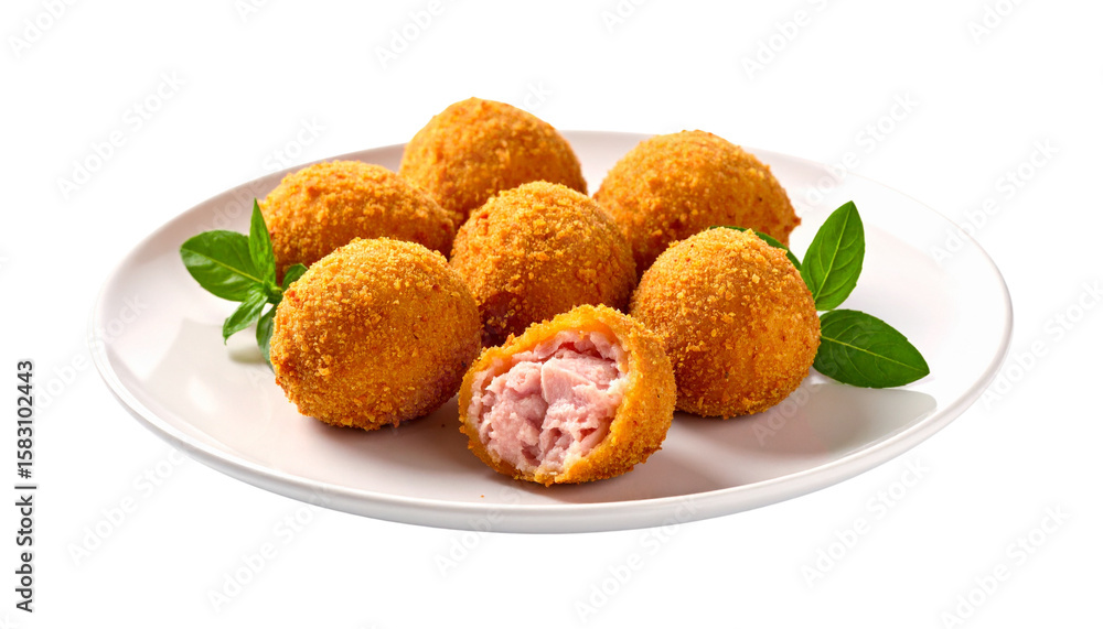 Plated Gourmet Ham Croquettes on a White Background Plated Gourmet Ham Croquettes on a White Background