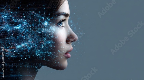 This striking image blends human form with digital elements, symbolizing the intersection of humanity and technology in an age of rapid innovation and artificial intelligence.