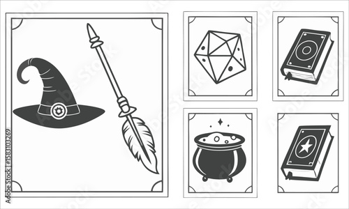 Wizard hat feather quill dice cauldron spellbook vector