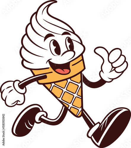Happy cartoon ice cream cone character running with thumbs up, vector, illustration