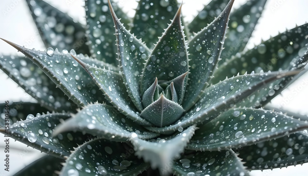 Close-up of a succulent plant covered in glistening water droplets against a white backdrop Close-up of a succulent plant covered in glistening water droplets against a white backdrop