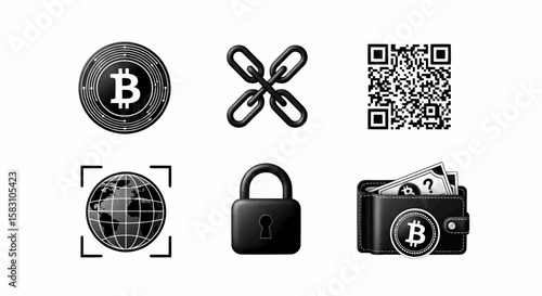 Illustrative Vector Set of Cryptographic and Financial Icons for Digital Assets