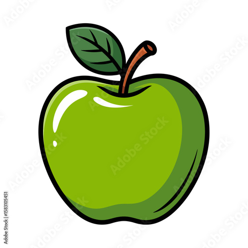 Vibrant green apple with a single leaf and stem on a white background