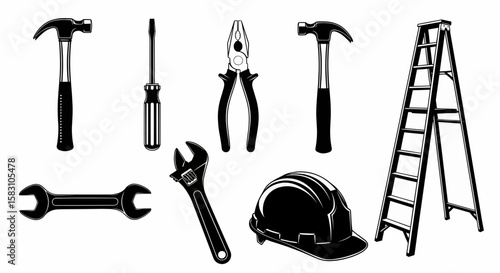 Essential Tools Vector Hammers, Wrenches, and Safety Gear for Projects, Construction