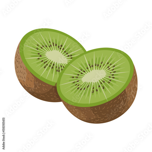 Fresh ripe kiwi fruit halved showing green flesh and black seeds isolated on white