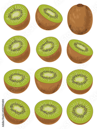 Collection of whole and sliced kiwi fruits displayed from different angles