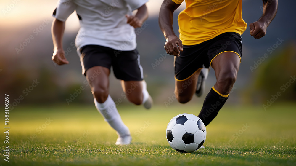 Soccer players in action kicking a ball during daylight Soccer players in action kicking a ball during daylight