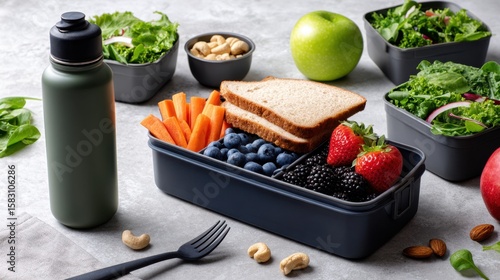 A balanced lunch box featuring fresh fruits, vegetables, whole grain bread, and a reusable water bottle, perfect for a nutritious meal on the go.