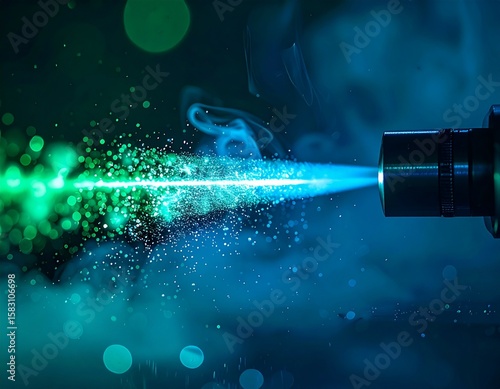 Laser Beam's Artistic Dance: A stunning display of laser technology, with a captivating turquoise beam shooting forth from a metallic source, embraced by an atmospheric blend of green and blue hues.