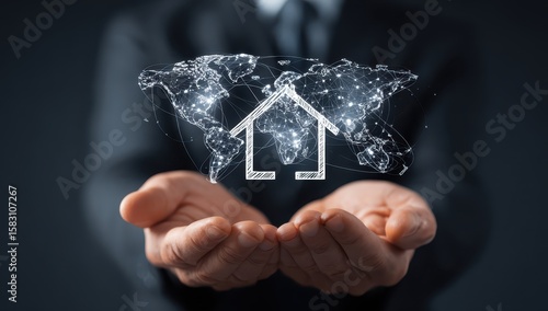 Hands cradle house icon on a global network. Home expansion, relocation ad use