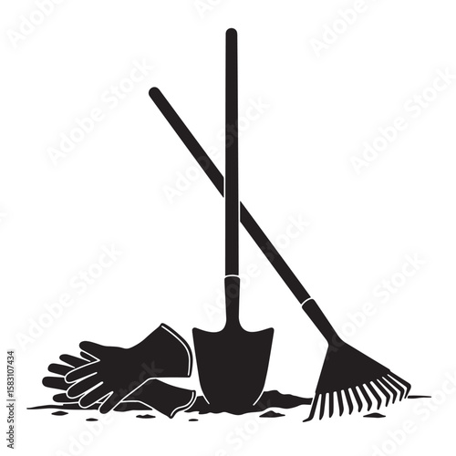 Black and white illustration of gardening tools for agriculture and landscaping projects