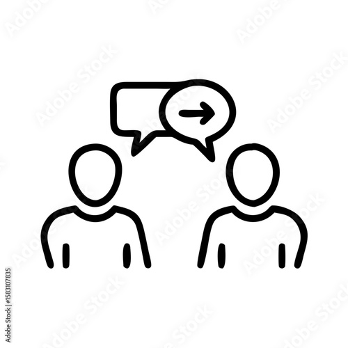 Conversation icon with speech bubble and arrow in outline
