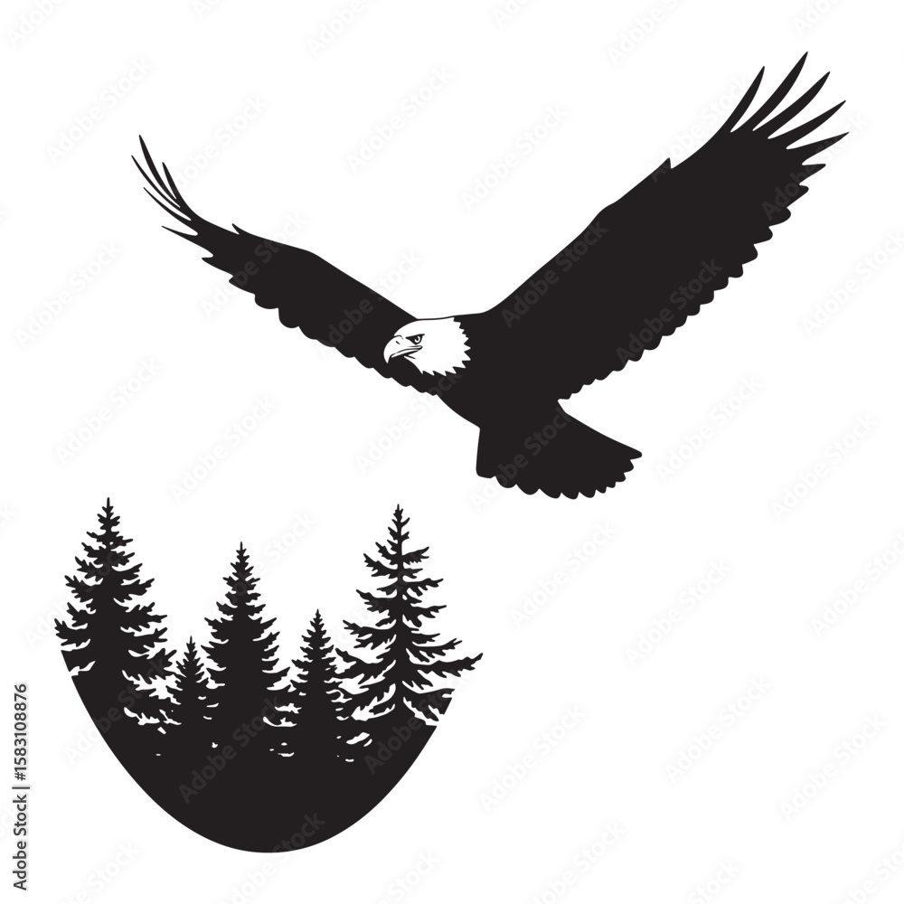 Obraz premium Majestic bald eagle soaring above forest silhouettes in bold black and white illustration