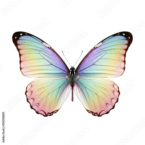 A beautiful butterfly with iridescent wings in pastel rainbow colors isolated on white