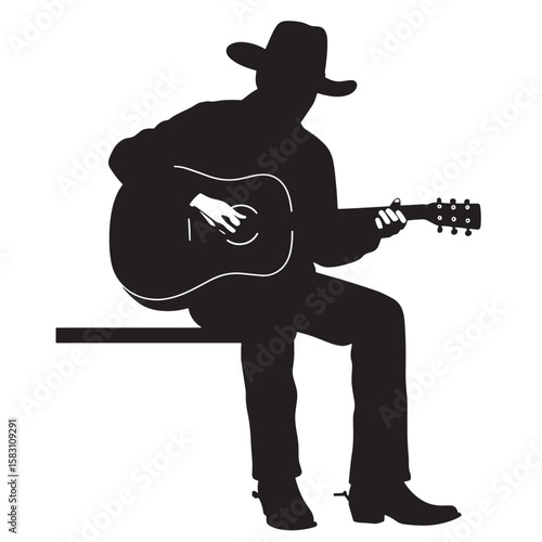 Silhouette of a cowboy playing guitar sitting down on a bench in black and white