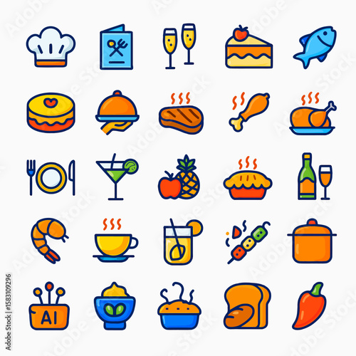 Collection of colorful, outline-style icons representing various food and drink items, restaurant service, and cooking elements.