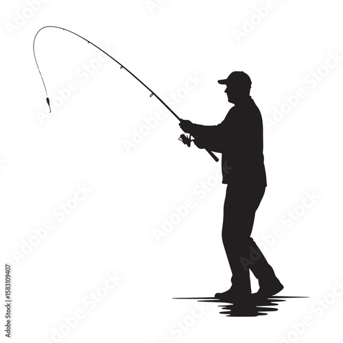 Silhouette of a fisherman casting a fishing rod on a white background sport hobby recreation