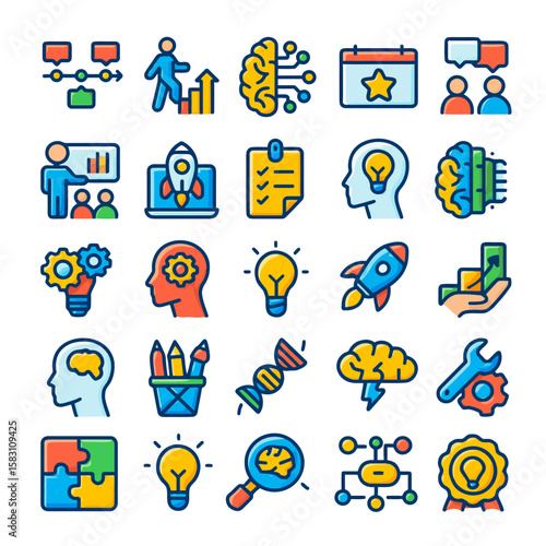 Colorful icons depicting business strategy, innovation, brainstorming, and growth.