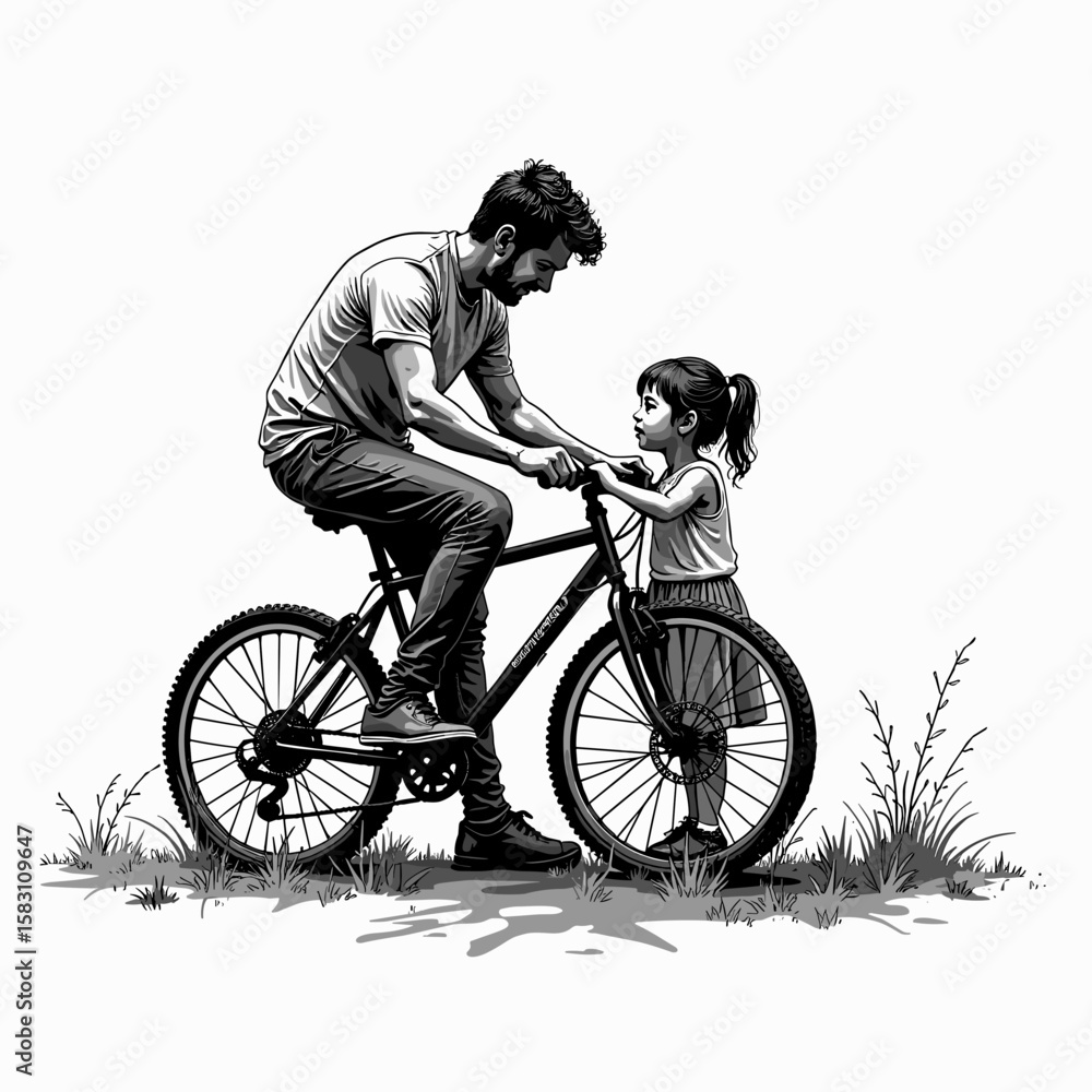 Obraz premium Father helping daughter learn to ride a bike in a grassy field - Concept of relationships, daily life, psychology 