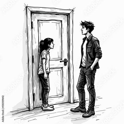 Young girl talking to teenage boy by a door in a monochrome illustration - Concept of relationships, daily life, psychology  