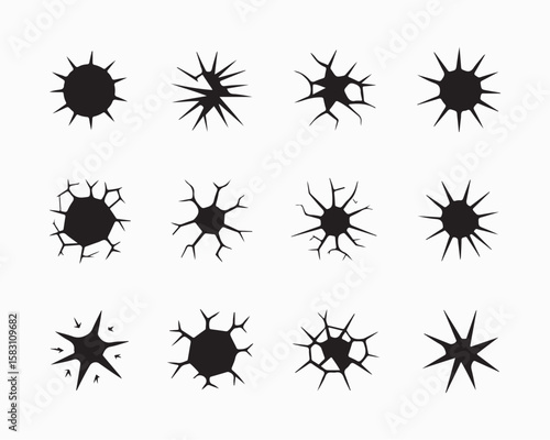 Explosion, crack, and bullet hole silhouettes in vector style. Damaged glass, shattered impact, and burst effects ideal for comic books, gaming, digital art, and action theme graphic design projects