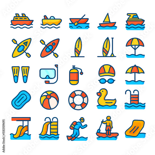 Colorful icons depicting various water sports and recreational activities, including boating, swimming, and diving equipment.