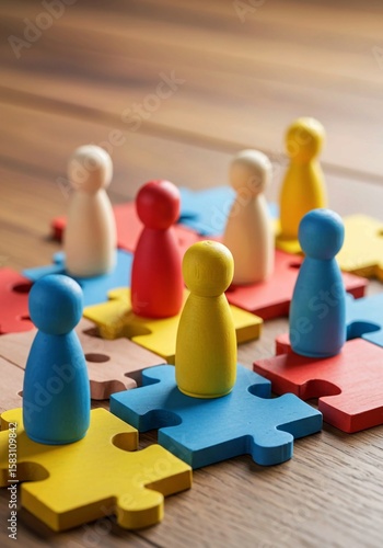 colorful puzzle pieces on white, RelevanceColorful wooden figures represent diverse people connecting on jigsaw pieces. Teamwork, diversity concept visualizes HR strategies for inclusive workplace cul