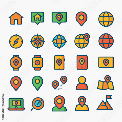 A collection of colorful, outlined location and navigation icons including a home, globe, map, compass, and person.