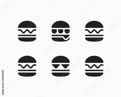 Six black burger icons arranged in two rows on a white background offering various burger designs