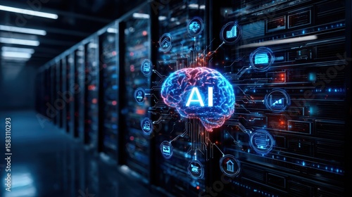 This image illustrates the integration of artificial intelligence within data centers, showcasing a vibrant brain symbol connected to various data-driven applications