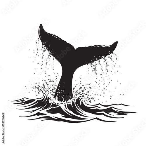 Silhouette of a whale tail breaching the ocean surface with splashing water