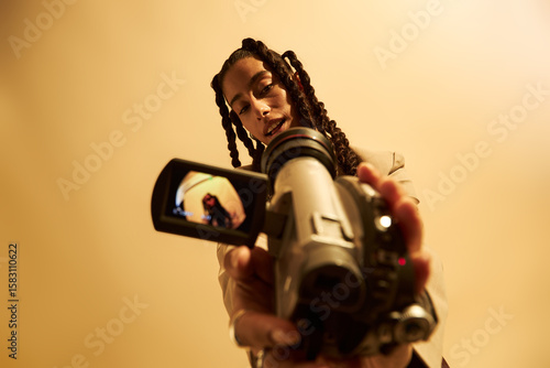 Wallpaper Mural Young adult Caucasian woman filming with handheld video camera, looking down at device with focused expression, camera screen displaying her reflection, beige background Torontodigital.ca
