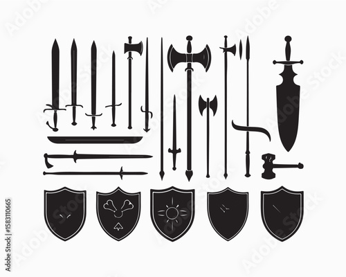 Sword silhouette collection, swords vector illustration. Medieval sword, dagger, cross guard. Black weapon designs, different shapes and styles isolated on white background