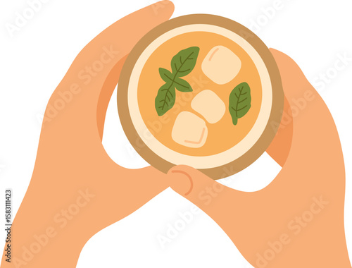 Flat illustration of hands holding a glass of iced herbal tea with mint, representing self-care and refreshment.