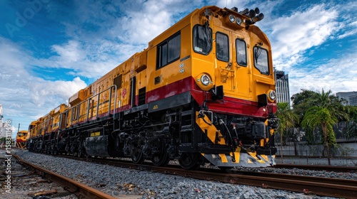 A striking yellow and red railway engine is showcased against a backdrop of a bright blue sky, demonstrating the blend of industrial design and natural beauty.