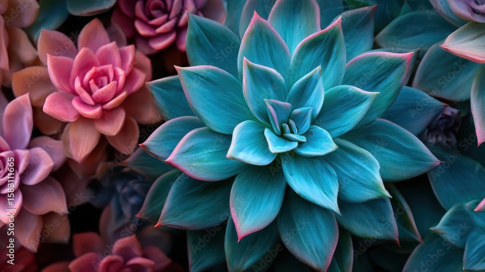 Obraz premium A stunning visual of colorful succulents, featuring striking blue and pink hues that create a captivating and harmonious display of nature?s beauty.